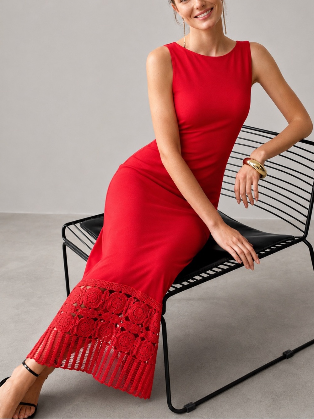 🆕🌹Adrianna Papell Brick Red Knit Crochet Hem Sleeveless Midi Dress Size 12 Party